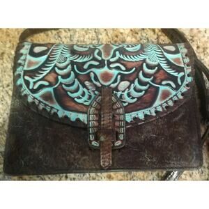 Patricia Nash tooled turquoise and brown Poppy Leather Crossbody Purse $250 EUC